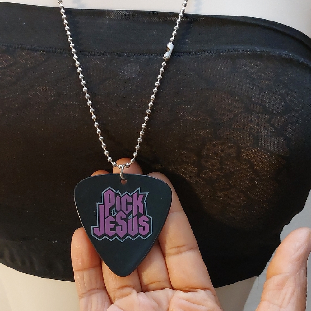 Pick Jesus Guitar Pick Pendant On Silver Tone Ball Bead Chain Necklace